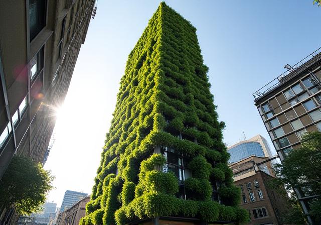 Modern skyscraper covered in lush green plants in a sustainable city